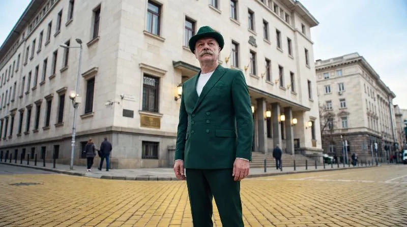 Мъж в зелен костюм пред Българската народна банка в София - Zaem.com е регистрирана в БНБ